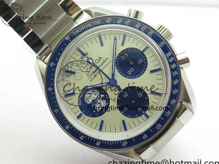0111 Speedmaster SS Snoopy Apollo OMF Best Edition White Dial on SS Flat link Bracelet Venus Trendy 7882